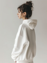 A woman facing sideways wearing a cream-coloured hoodie mockup on a grey background. Beautiful woman with long hair tied up. Created with Generative AI.