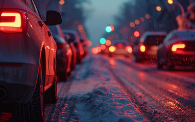 Crowded Street With Heavy Traffic on a Snowy Day - obrazy, fototapety, plakaty