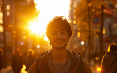 Multiracial Man Standing in Street at Sunset - obrazy, fototapety, plakaty
