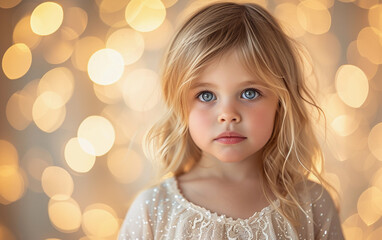 Obraz na płótnie Canvas Multiracial Little Girl With Blue Eyes Standing in Front of a Wall of Lights