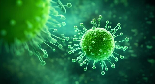 Human papilloma virus on abstract green background with copy space. Papilloma virus medical laboratory research, treatment. Microbiology and virology.
