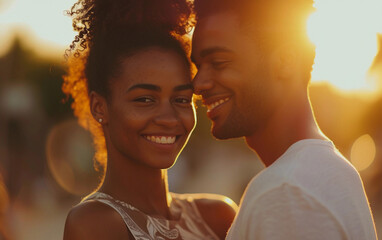 Multiracial Man and Woman Smiling at Each Other - obrazy, fototapety, plakaty