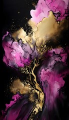 Alcohol ink drawing, pink and purple abstract, pastel tones, with gold craquelure, black...