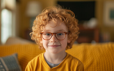 A Young Boy Wearing Glasses Sitting on a Couch