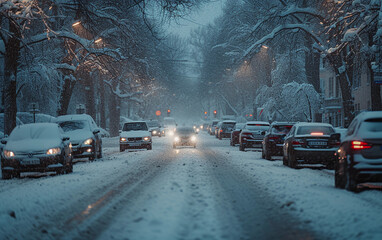 Obraz premium Snow Covered Cars Filling a Winter Street
