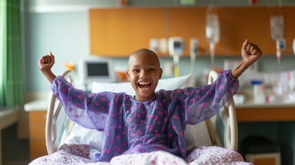 Happy bald child cancer patient in hospital bed raising hands. Joyful black kid celebrating successful treatment. World cancer day, childhood cancer awareness, receiving good news.