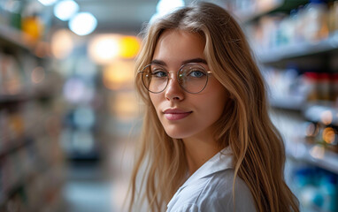 Woman Wearing Glasses Standing in a Store Aisle