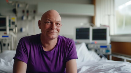 Smiling male patient in purple t-shirt. Happy middle aged white bald man after chemotherapy in...