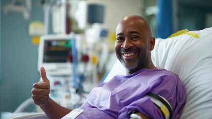 Smiling male patient showing thumbs up. Happy middle aged black bald man after chemotherapy in hospital bed. African american patient in purple gown. Cancer treatment success concept. - Powered by Adobe
