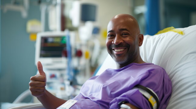 Smiling male patient showing thumbs up. Happy middle aged black bald man after chemotherapy in hospital bed. African american patient in purple gown. Cancer treatment success concept.