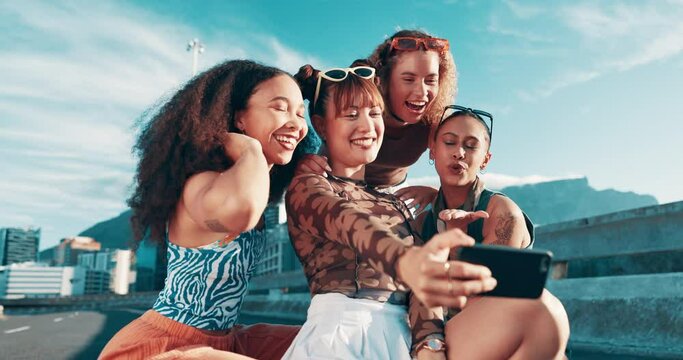 Selfie, peace sign or friends with fashion in city on holiday vacation with youth culture, streetwear or smile. Happy, women or stylish urban clothes with social media, swag or diversity together