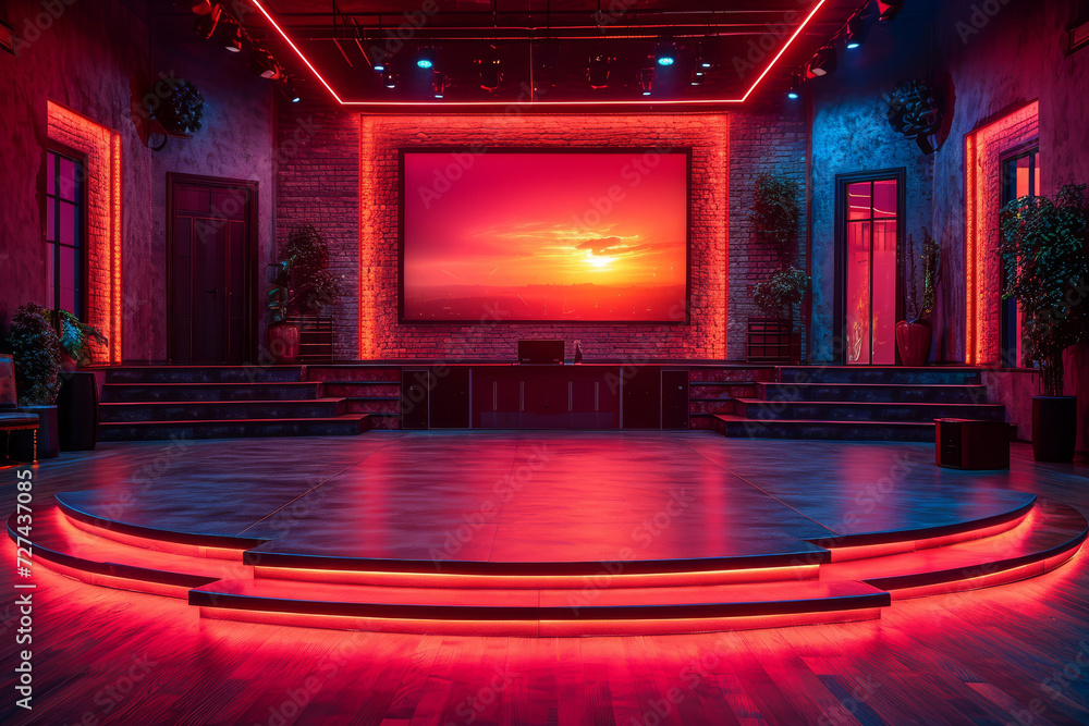 Poster a tv show set with ruby red gels, producing a bold and attention-grabbing backdrop. concept of set d