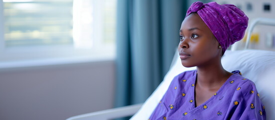 Portrait of a young black woman in purple robe and headscarf in a hospital bed. Woman with cancer resting. Copy space for text. World Cancer Day. Breast Cancer Awareness Month