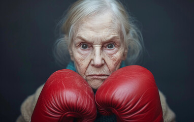 An Old Woman Wearing Red Boxing Gloves