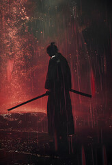 Silhouette of a kendo fighter with a sword in the rain