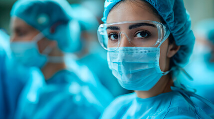 Medico en el hospital con ropa de quir&oacute;fano, gorro y mascarilla