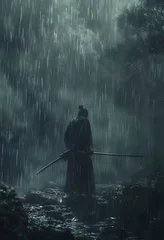Fotobehang Samurai man in black cloak with a sword in the dark night © Andsx