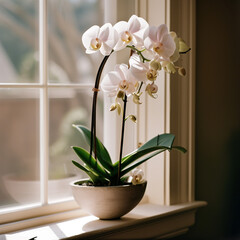 An elegant orchid in full bloom on a windowsill, embodying the sophistication of April floral displays