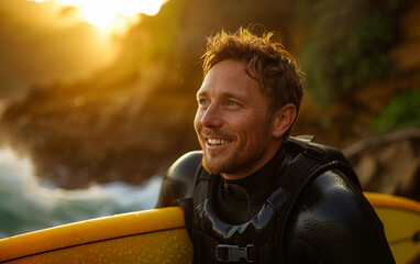 Multiracial Man in Wet Suit With Yellow Surfboard - obrazy, fototapety, plakaty