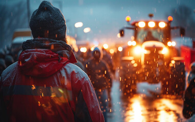 Fototapeta na wymiar Multiracial Man Standing in Red Jacket in the Rain