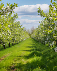 Fototapeta na wymiar Rows of apple trees in full bloom in an orchard, capturing the beauty of spring and the promise of future harvests