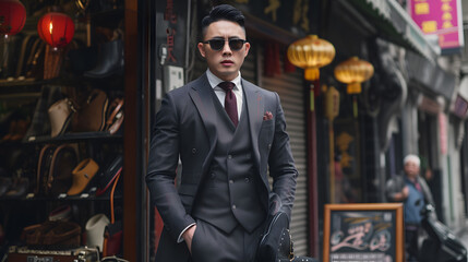 Portrait handsome young man wearing a suit and sunglasses in the city