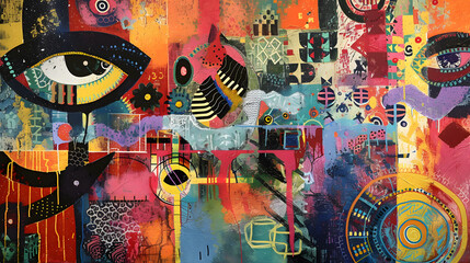 Colorful abstract graffiti on the wall. Modern art collage