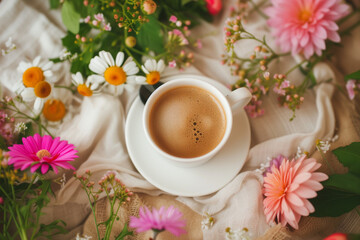 Fototapeta na wymiar A cup of morning coffee surrounded by freshly bloomed flowers, creating a serene and aromatic start to an April day
