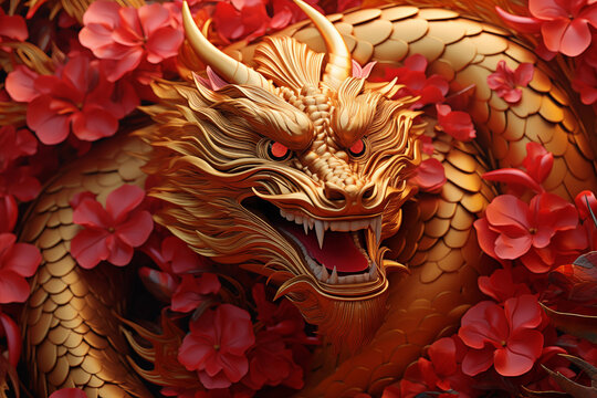 traditional red chinese dragon for chinese new year 2024, chinese lucky dragon symbol, Lùhng, ryū, 龍/竜, yong, 용, mungkorn, มังกรจีน, rồng, generative AI