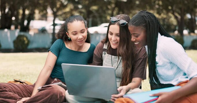 Laptop, education and student woman friends outdoor on college campus to study for exam or test together. Computer, learning or scholarship with group of young people on field of grass at university