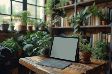 A tablet mockup with a blank screen, perfect for presenting digital publications, e-books, or app interfaces with a focus on the modern digital reading experience.  Generative Ai.