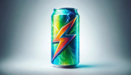Vividly colored energy drink can featuring a distinct lightning bolt