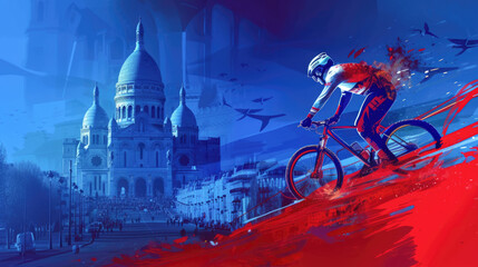 Mountainbiker in action on the court over blue, white and red background. Paris 2024. Sport illustration.

