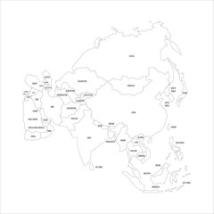 Fototapeta na wymiar Political map of Asia. Thin black outline map with country name labels on white background. Ortographic projection. Vector illustration