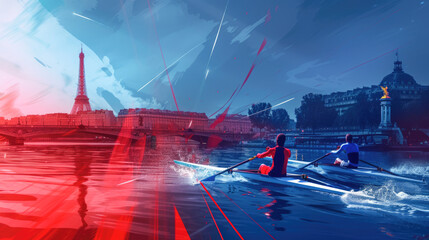 Rower in action on the water over blue, white and red background. Paris 2024. Sport illustration.
