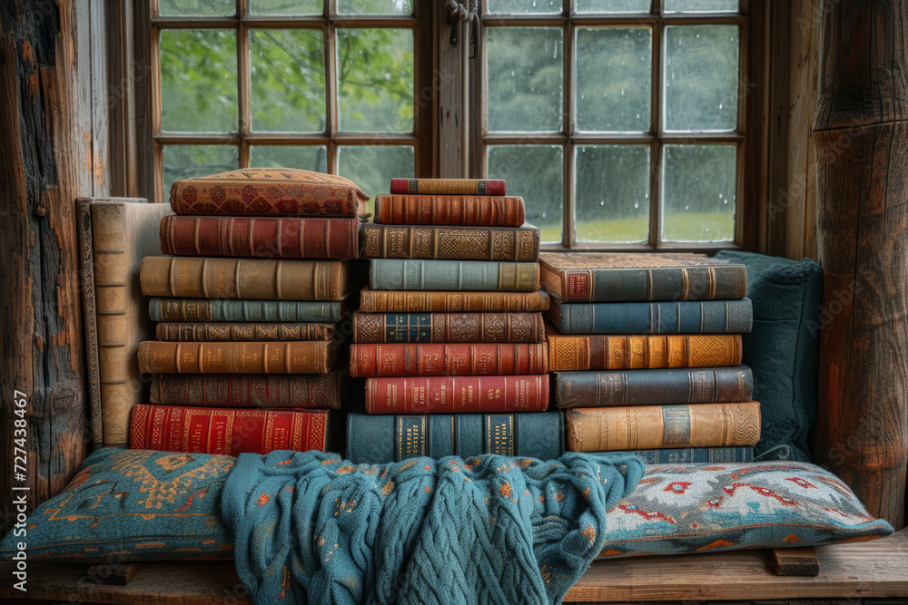 Poster a stack of well-loved books on a cozy reading nook, representing the endless adventures and knowledg