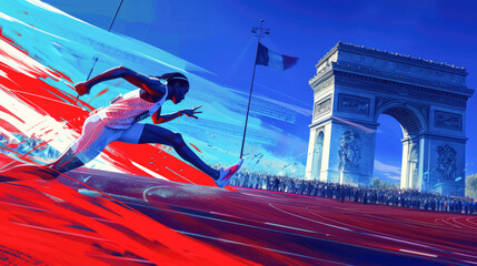 Runners in action on the track over blue, white and red background. Paris 2024. Sport illustration.

