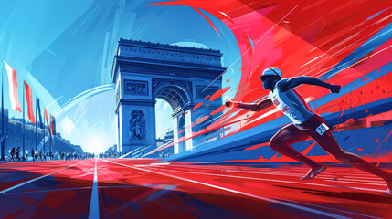 Runners in action on the track over blue, white and red background. Paris 2024. Sport illustration.
