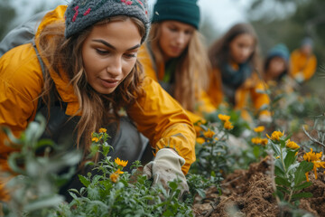 A diverse group of people participating in a community clean-up, promoting environmental responsibility and civic engagement. Concept of community service. Generative Ai.