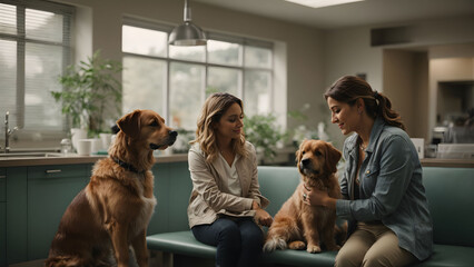 Family visits the vet with their dogs for a check up