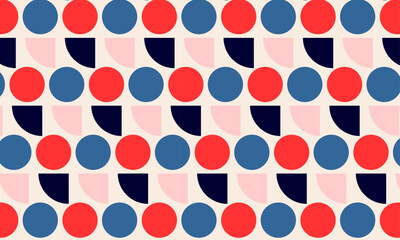 Seamless modern vector abstract seamless geometric pattern with semicircle and circles in retro Scandinavian style blue red pink colors