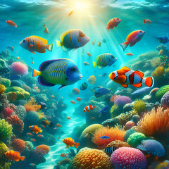 Fototapeta na wymiar Photo of Colorful Fishes Swimming Gracefully in Turquoise Sea