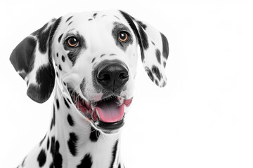 exuberant Dalmatian dog with a bright smile, showcasing its distinct black spots on a white coat, against a stark white background