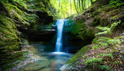 Hidden Waterfall in a Deep Forest Ravine
