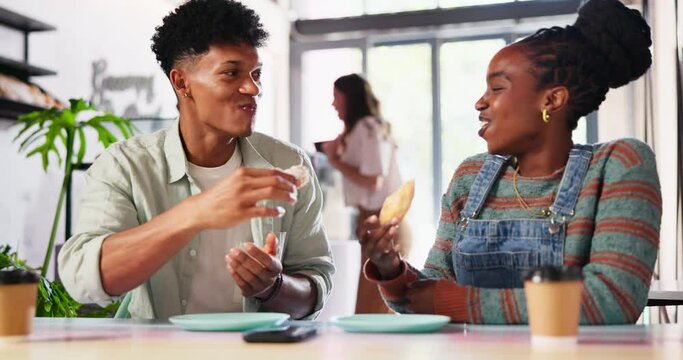 Donut, love and couple at a coffee shop with fun, bonding or sharing sweet, snack or moment together. Restaurant, dessert and hungry people with sugar, brunch or bite on romantic, date or vacation
