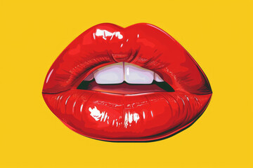Close-up Womans red lips on a yellow background. Modern art collage. red lips and white teeth. Modern design. Contemporary art collage. Concept of emotions, social media or feelings.