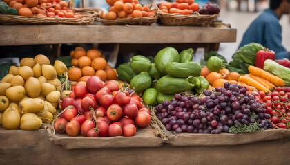 Fototapeta na wymiar Vegetables and fruits. Street vendor stall. Lots of ripe produce. AI generated