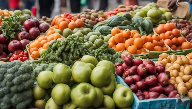 Vegetables and fruits. Street vendor stall. Lots of ripe low-calorie foods. AI generated
