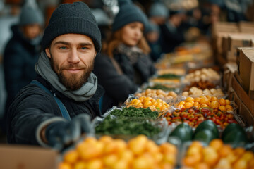 A group of volunteers organizing an Easter charity event, distributing festive meals and treats to those in need. Concept of Easter giving and kindness. Generative Ai.