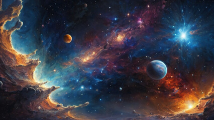 Obraz na płótnie Canvas Generative AI illustration of interstellar space, planets and nebulas